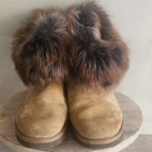 UGG Brown Suede Boots with Fur Trim